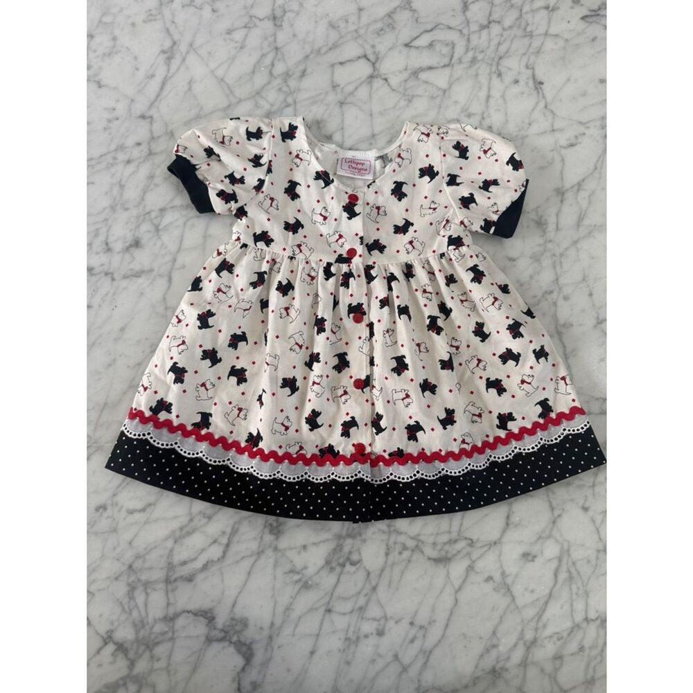 Vintage Scottie Dog Dress Print Lollipop Designs White Sz 6 Months